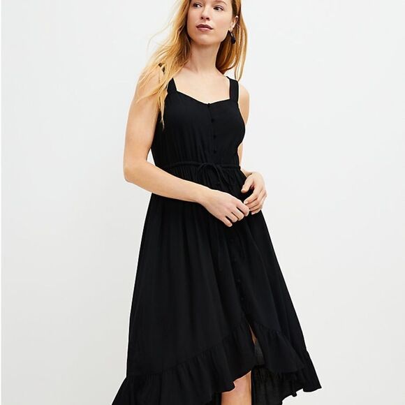 Loft Black Button Ruffle Midi Dress - Picture 1 of 9